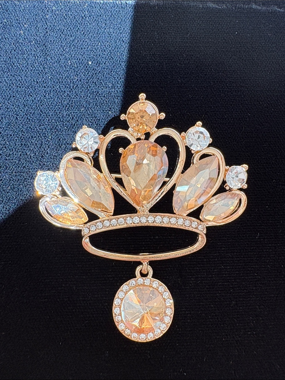 Gold-Tone Champagne Crystal Crown Brooch